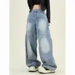 Distressed Blue Wide-Leg Denim Overalls with High Waist