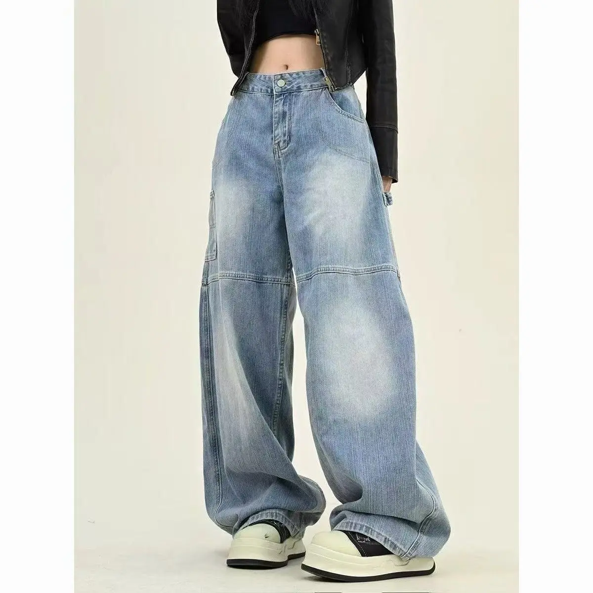 Distressed Blue Wide-Leg Denim Overalls with High Waist