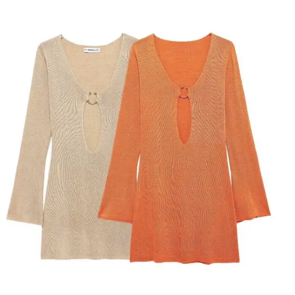 Summer Lady Temperament Fashion Deep V-neck Hollow Knitted Dress