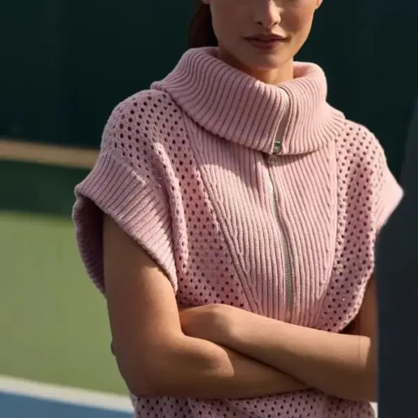 Zipper Front Lapel Knit Vest Pullover Sweater - Pink Zipper Front Lapel Knit Vest Pullover Sweater - Pink