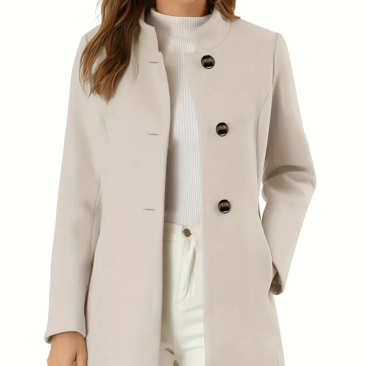 Warm Beige Wool-Blend Women’s Coat for Autumn Winter