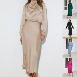 Matte Satin Halterneck Evening Dress with Lantern Sleeves