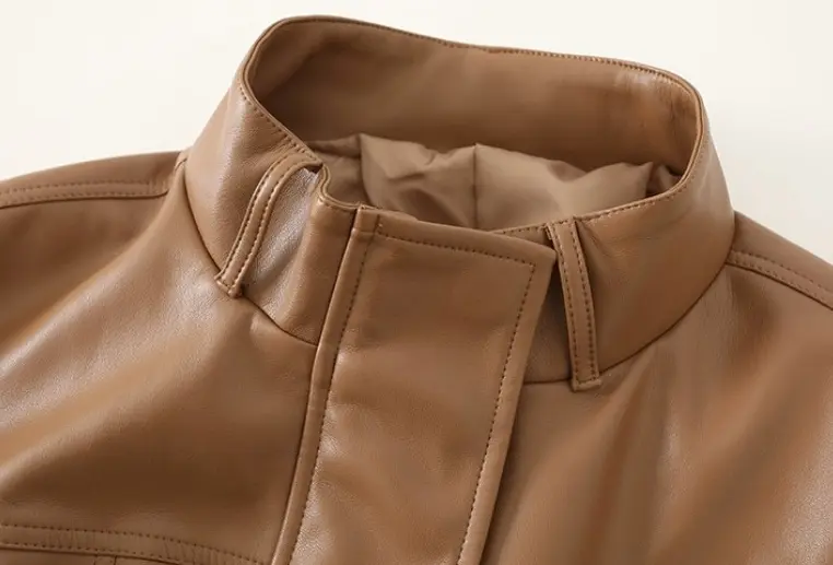 Brown Women’s Faux Leather Jacket Stand-Up Collar Brown Women’s Faux Leather Jacket Stand-Up Collar