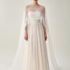 Airy Sheer Cape Overlay White Pleated Wedding Dress Airy Sheer Cape Overlay White Pleated Wedding Dress