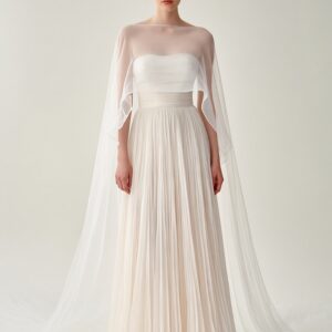 Airy Sheer Cape Overlay White Pleated Wedding Dress