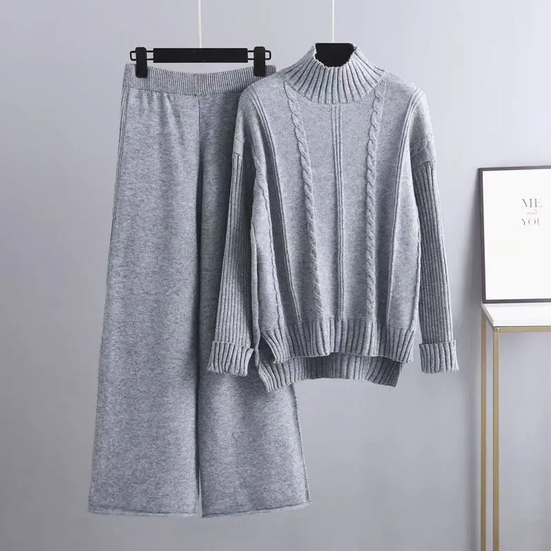 High-end Mock Neck Sweater Wide-leg Pants Suit Women High-end Mock Neck Sweater Wide-leg Pants Suit Women