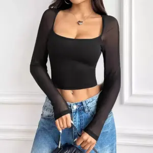 Sleek Slim Fit Black Square-Neck Long Sleeve T-Shirt