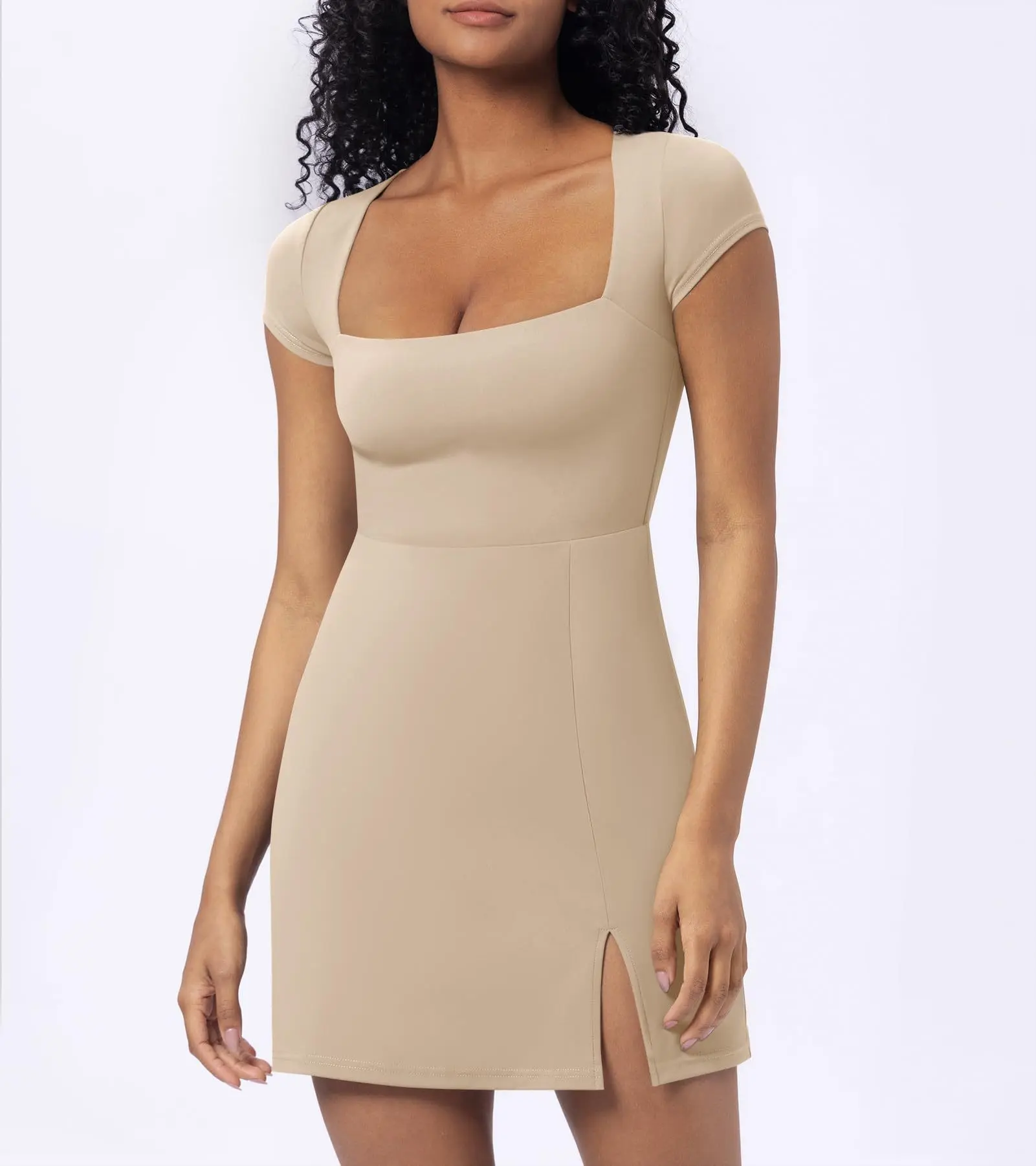 Side Slit Slimming A- Line Lady Slim Fit Square Collar Half Sleeve Dress