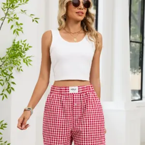 Casual Plaid Boxer Shorts Beach Pants Womens