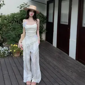 Loose-fit American-style White Draped Thin Casual Wide-leg Pants For Petite Women