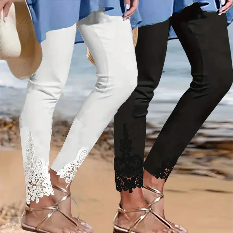 Lace Hollow-Out Cropped Tight Pants for Women with Stitch Detail Lace Hollow-Out Cropped Tight Pants for Women with Stitch Detail