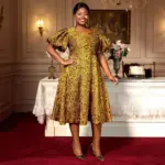 Puff Sleeve Jacquard Square Collar A Swing Long Cocktail Party Dress