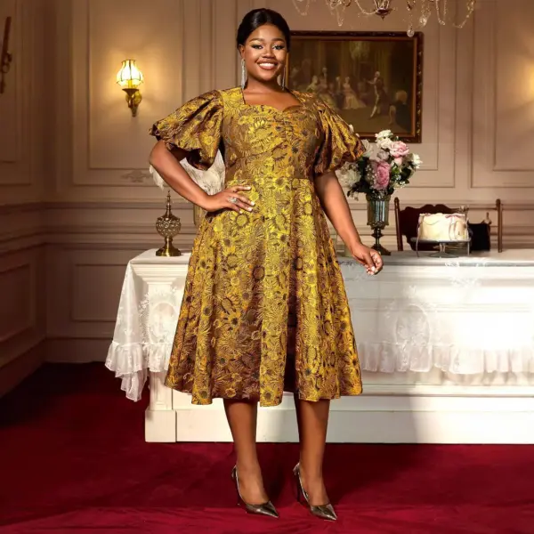 Puff Sleeve Jacquard Square Collar A Swing Long Cocktail Party Dress