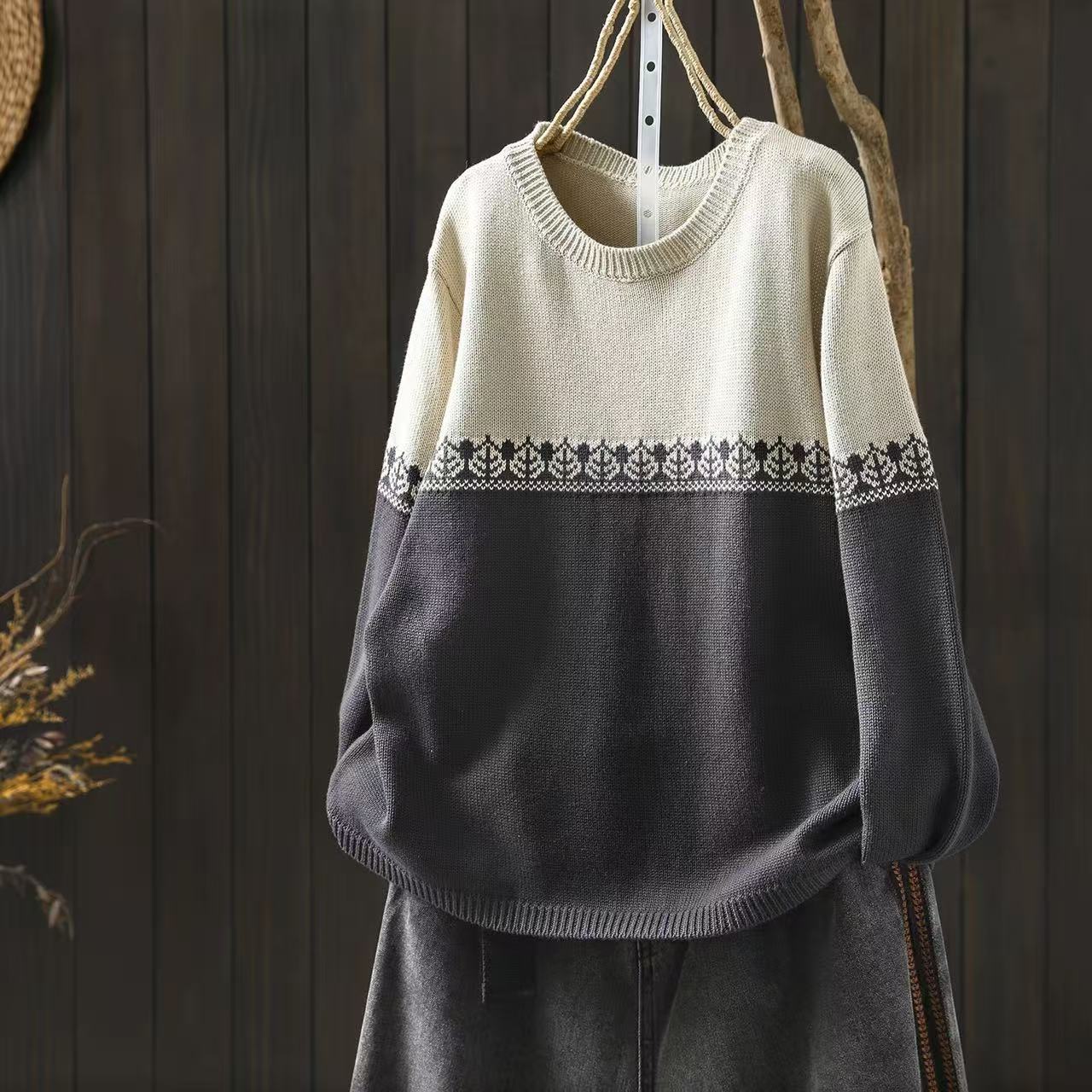 Loose Fit Preppy Crew-Neck Cotton Knit Sweater - Color Block