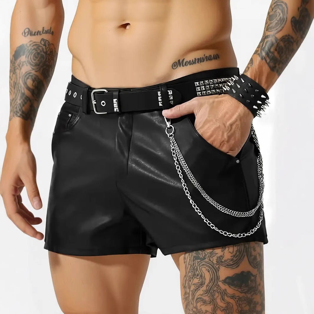 Fitted Slimming Men’s PU Leather Shorts, High Waist Black Fitted Slimming Men’s PU Leather Shorts, High Waist Black