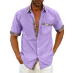 Contrast Button-Up Short Sleeve Shirt for Men - Lapel