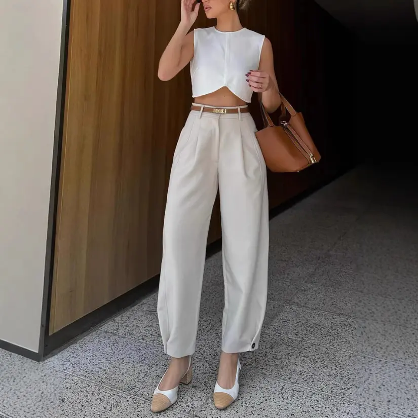 Women's Fashionable White Elegant Cropped Pants Women's Fashionable White Elegant Cropped Pants