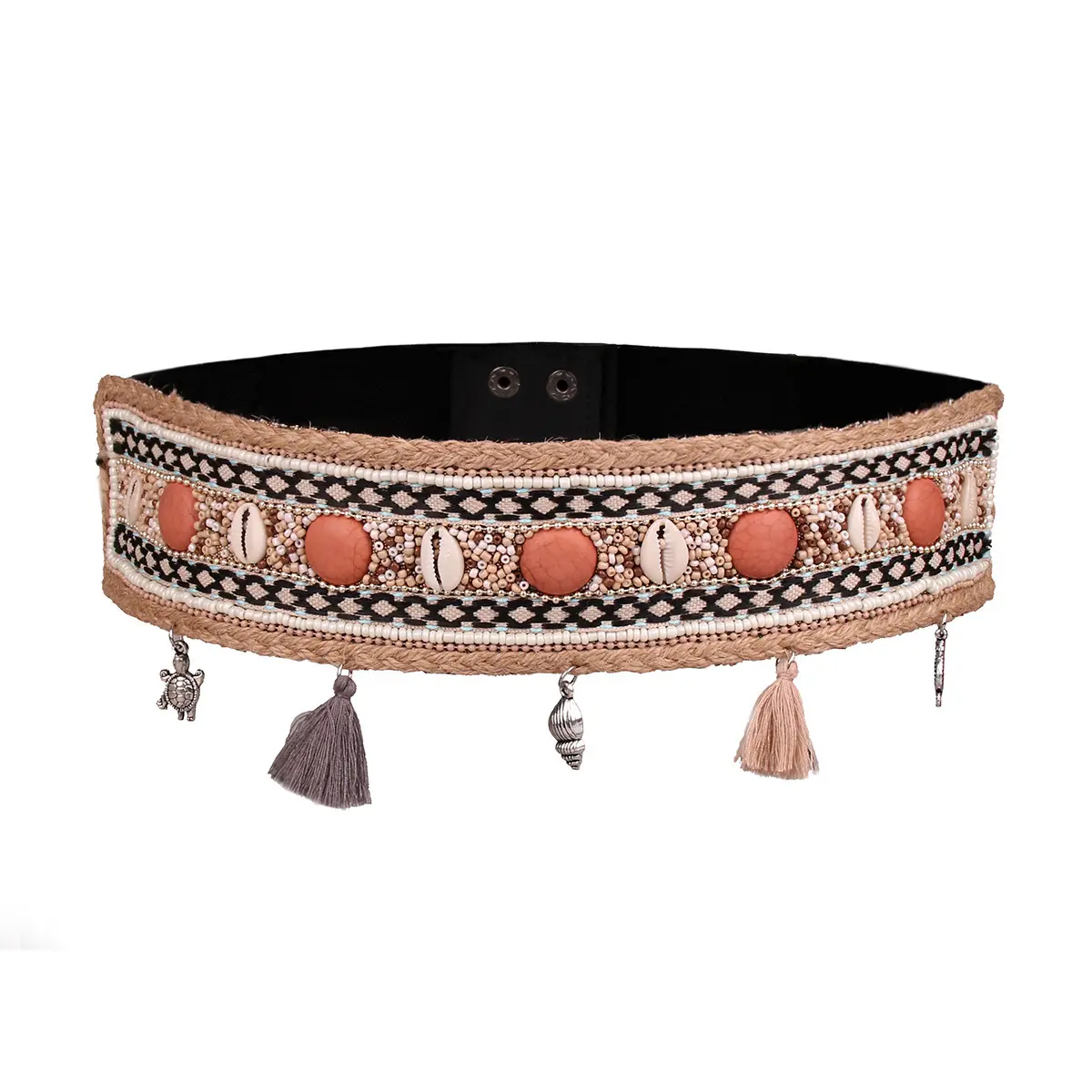 Ethnic Beaded Waist Seal with Hemp Rope, Wide 74 cm