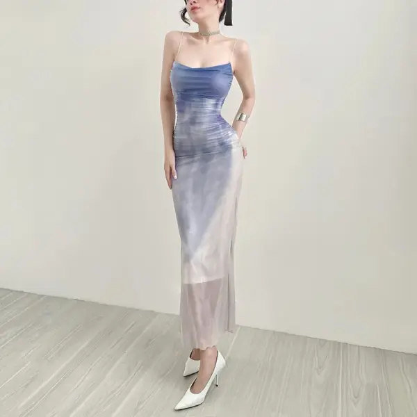 Sweet Temperament Adult Lady Like Woman Slim Fit Gradient Printing Mesh Camisole Dress