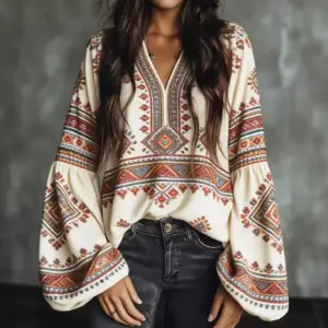 Lantern Sleeve Ethnic Patchwork Geometric Shirt for Women