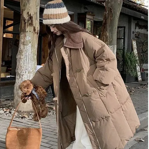 Warmth-Focused Long Cotton Padded Coat with Turn-Down Collar
