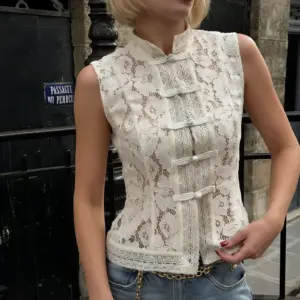 Hollow-Out Lace Crochet Stand Collar Slim Fit Sleeveless Shirt
