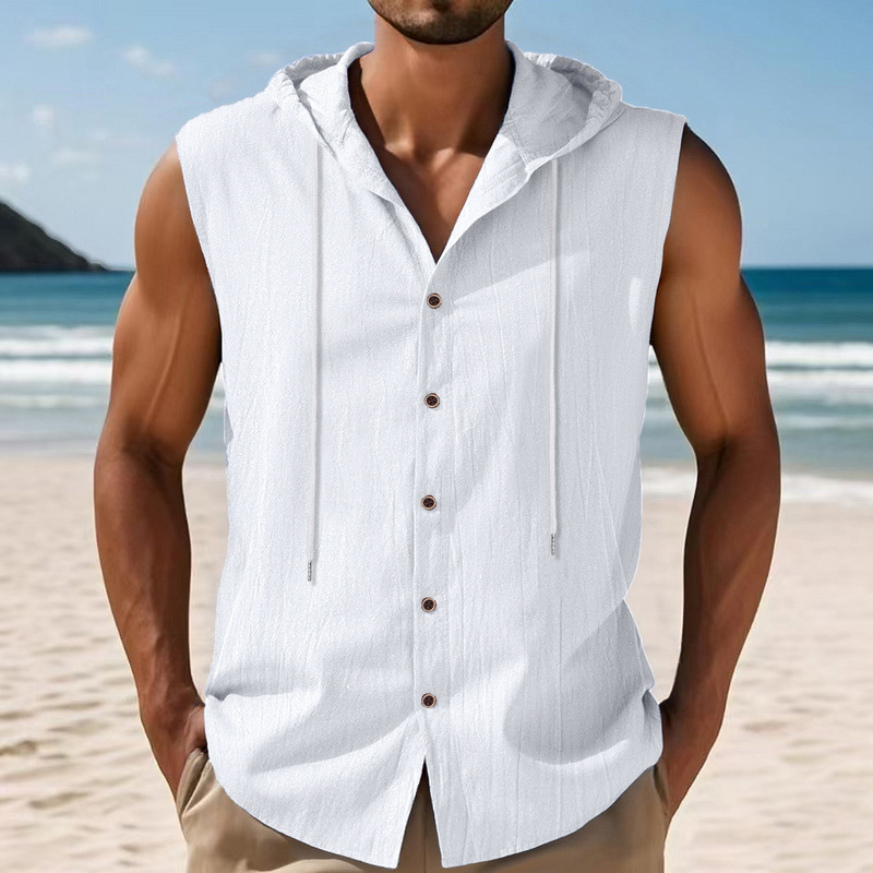 Breathable Linen-Blend Sleeveless Hooded Shirt for Men