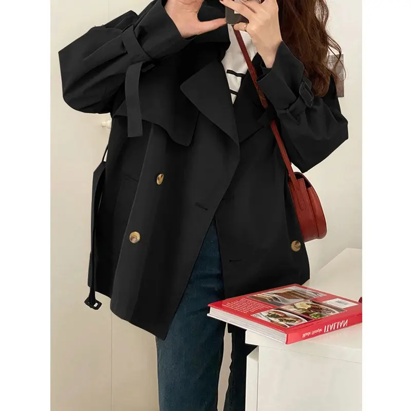 Korean-Style Draping Women’s Coat - Patchwork Solid Black/Khaki