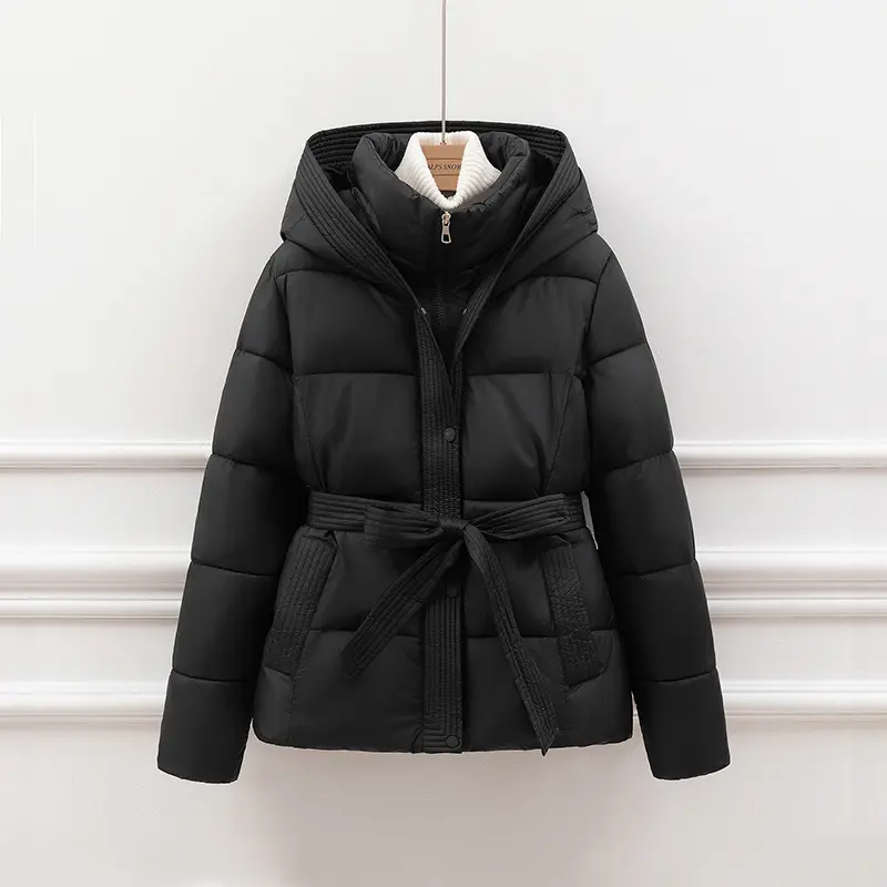 Women’s Slim-Fit Belted Puffer Coat with Hooded Drawstring Women’s Slim-Fit Belted Puffer Coat with Hooded Drawstring