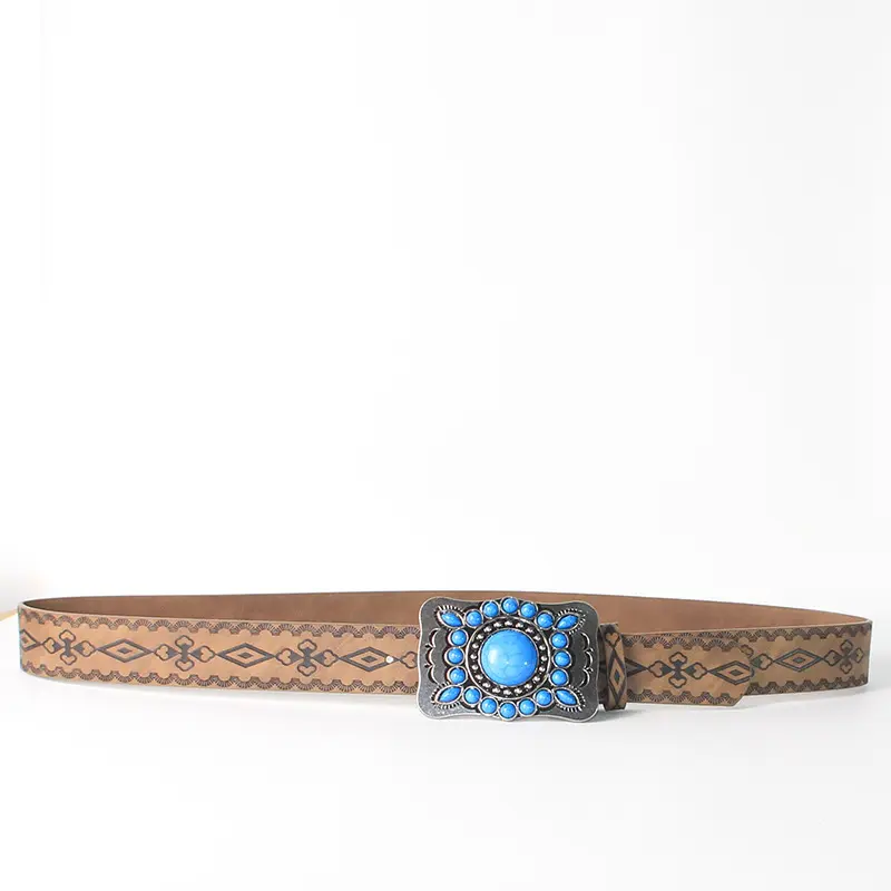 Vintage Embossed Alloy Buckle Belt with Blue Turquoise Accent