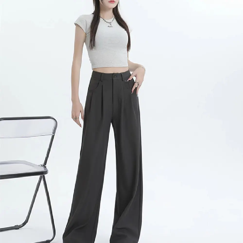 Slimming Wide Leg Casual Pants for Women, Gray Polyester