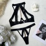 Bold Black Lace-Up Mesh Bra and Panties Set for Women