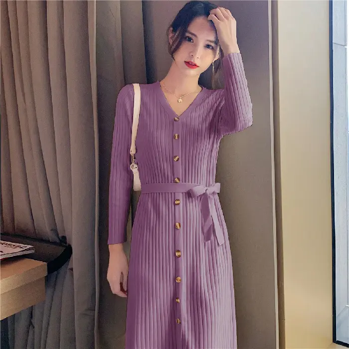 Comfort Fit V-Neck Knitted Dress with Long Sleeves