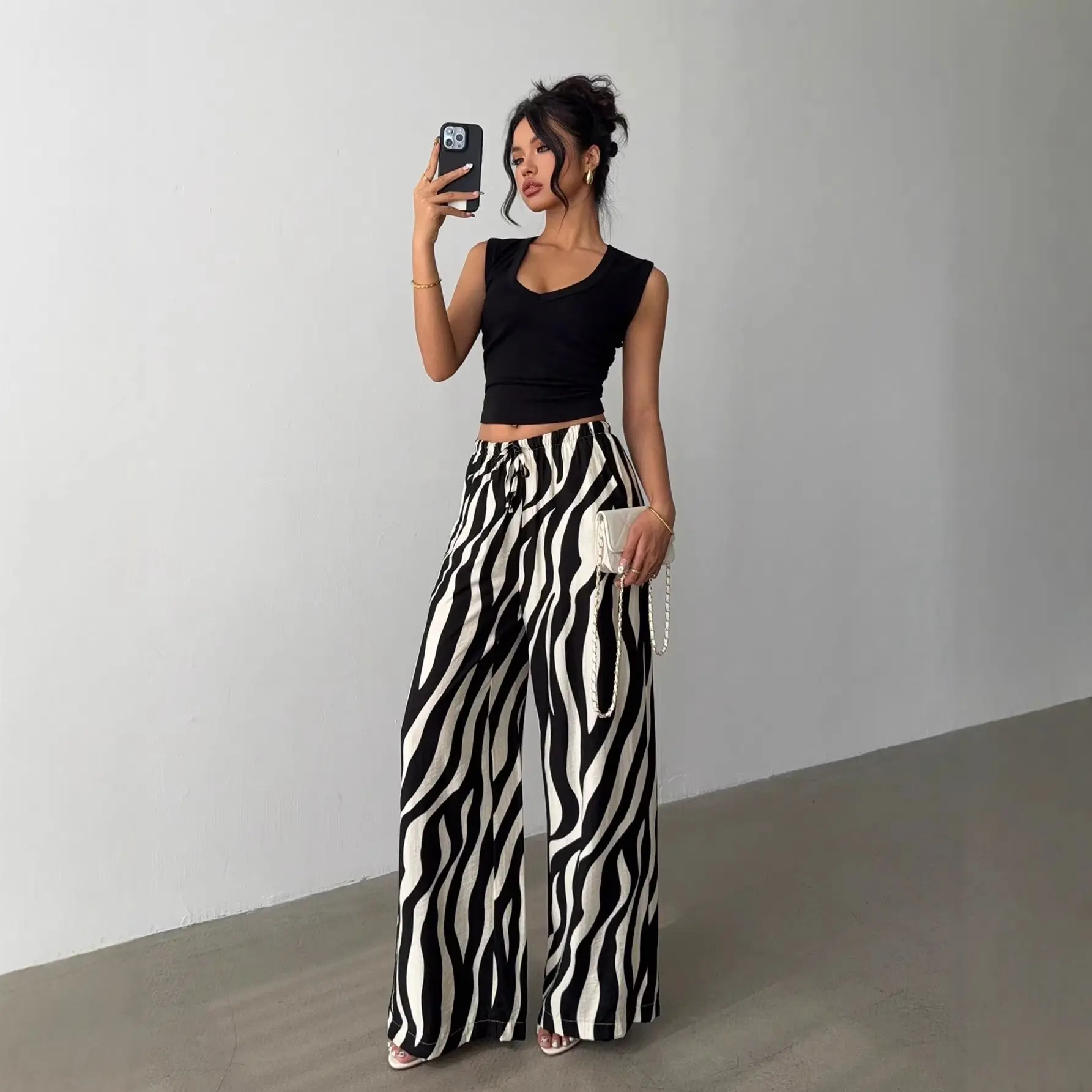 Bold Black & White Printed Wide-Leg Pants for Women