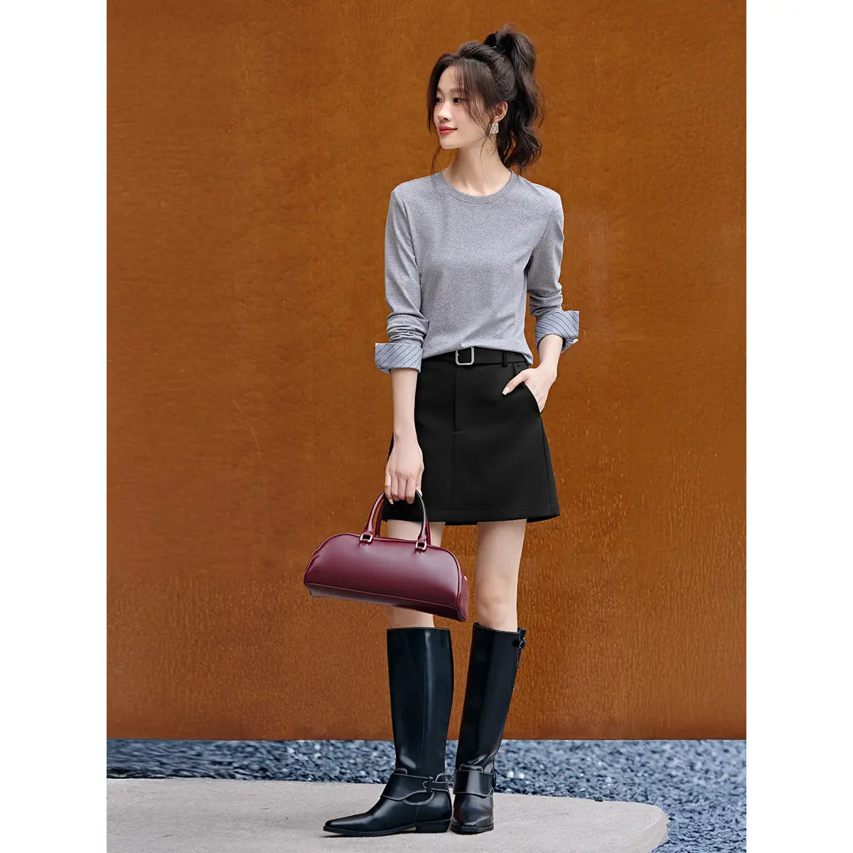 Contrast Patchwork Striped Long Sleeve Top - Round Neck Contrast Patchwork Striped Long Sleeve Top - Round Neck