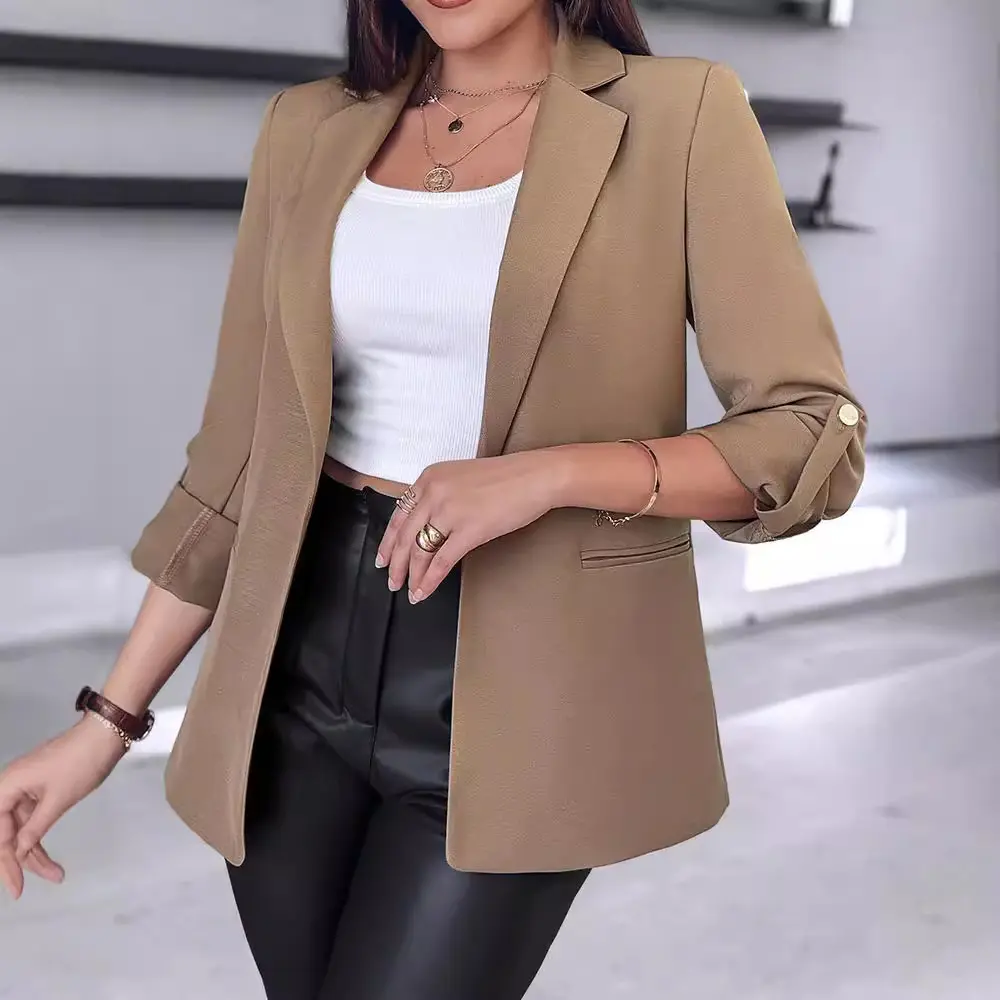 Pockets Rolled-Sleeve Casual Blazer for Women - Black Pockets Rolled-Sleeve Casual Blazer for Women - Black