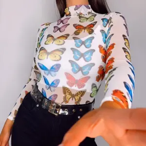 Women's Mesh Hollow-Out Butterfly Print Long-Sleeve Base Shirt
