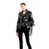 Street-Style Graffiti Printed PU Leather Jacket with Rivets for Women