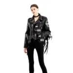 Street-Style Graffiti Printed PU Leather Jacket with Rivets for Women