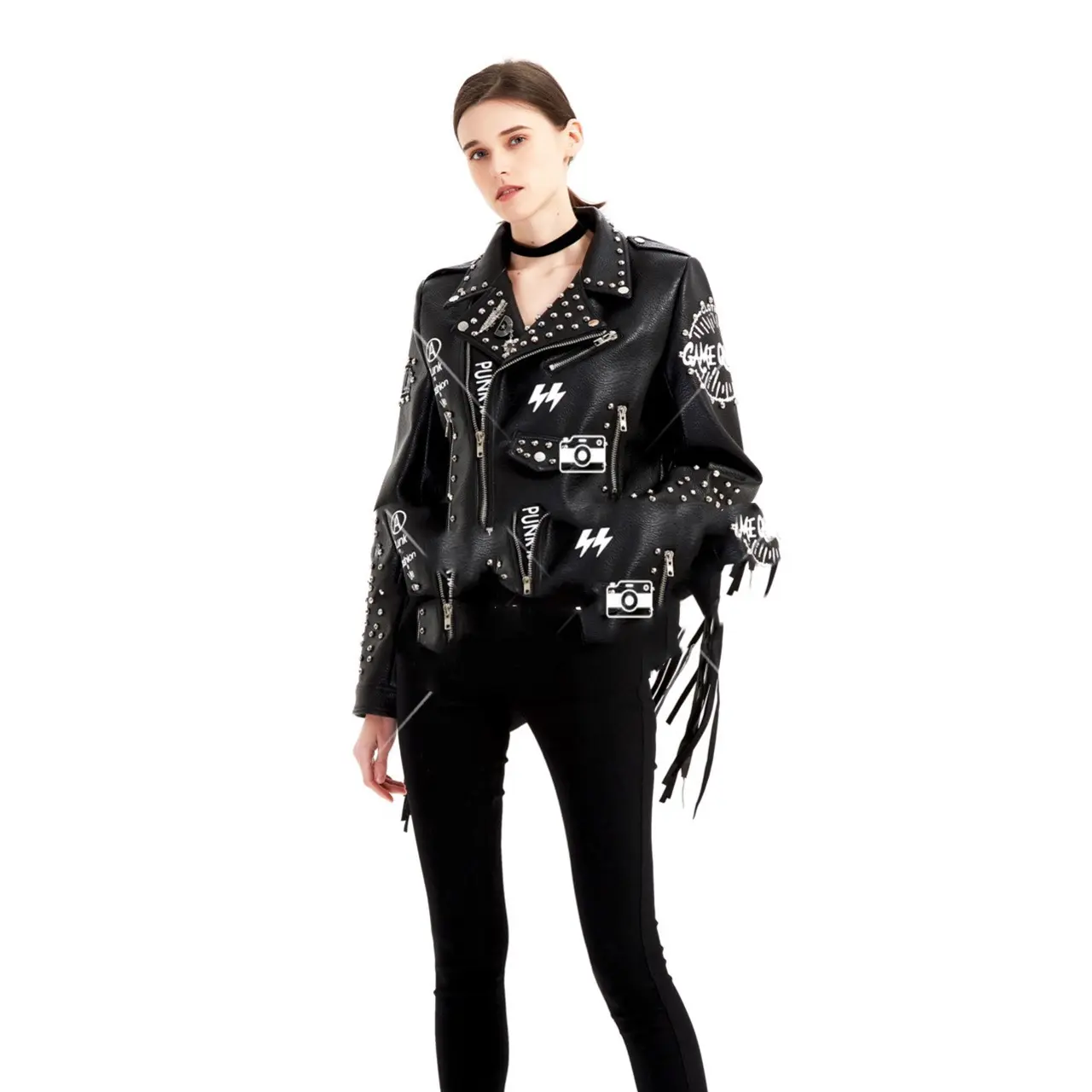 Street-Style Graffiti Printed PU Leather Jacket with Rivets for Women