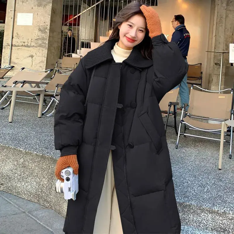 Warmth-Focused Long Cotton Padded Coat with Turn-Down Collar