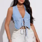 Deep V-Neck Denim Tank Top for Women, Light Blue Slim Fit
