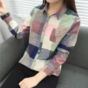 Vintage Plaid Cotton-Linen Kimono Blouse, Long Sleeve