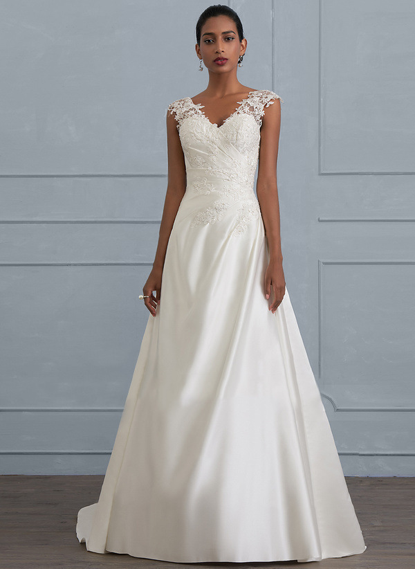 One-shoulder V-neck fishtail lace trailing wedding dress One-shoulder V-neck fishtail lace trailing wedding dress
