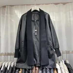 Knitted Stitch Mid-Length Women’s Faux Leather Coat