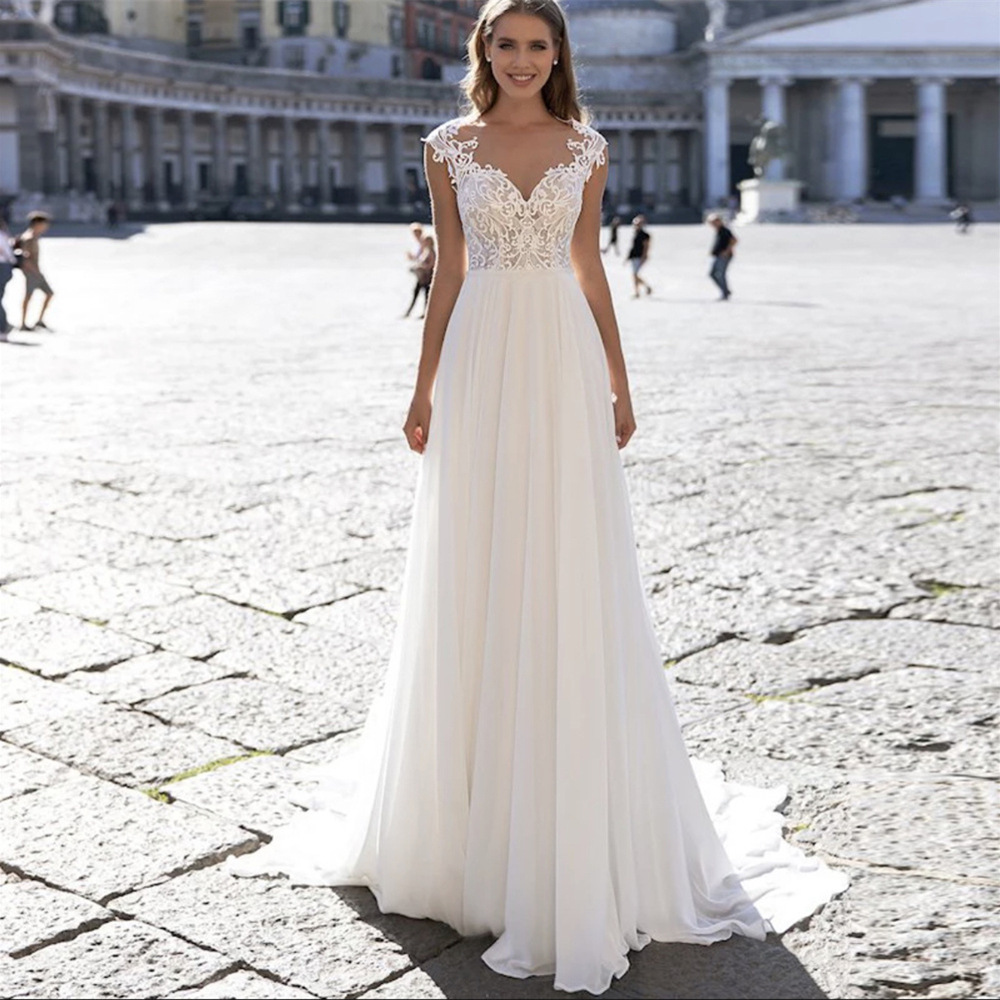 Ivory Chiffon A-Line V-Neck Long Sleeve Wedding Dress