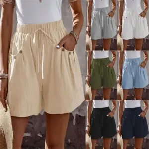 High-Waist Linen Cotton Shorts with Pockets & Fake Drawstring