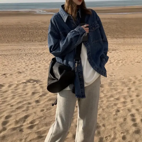 Korean-Style Denim Layered Shirt Top in Dark Blue