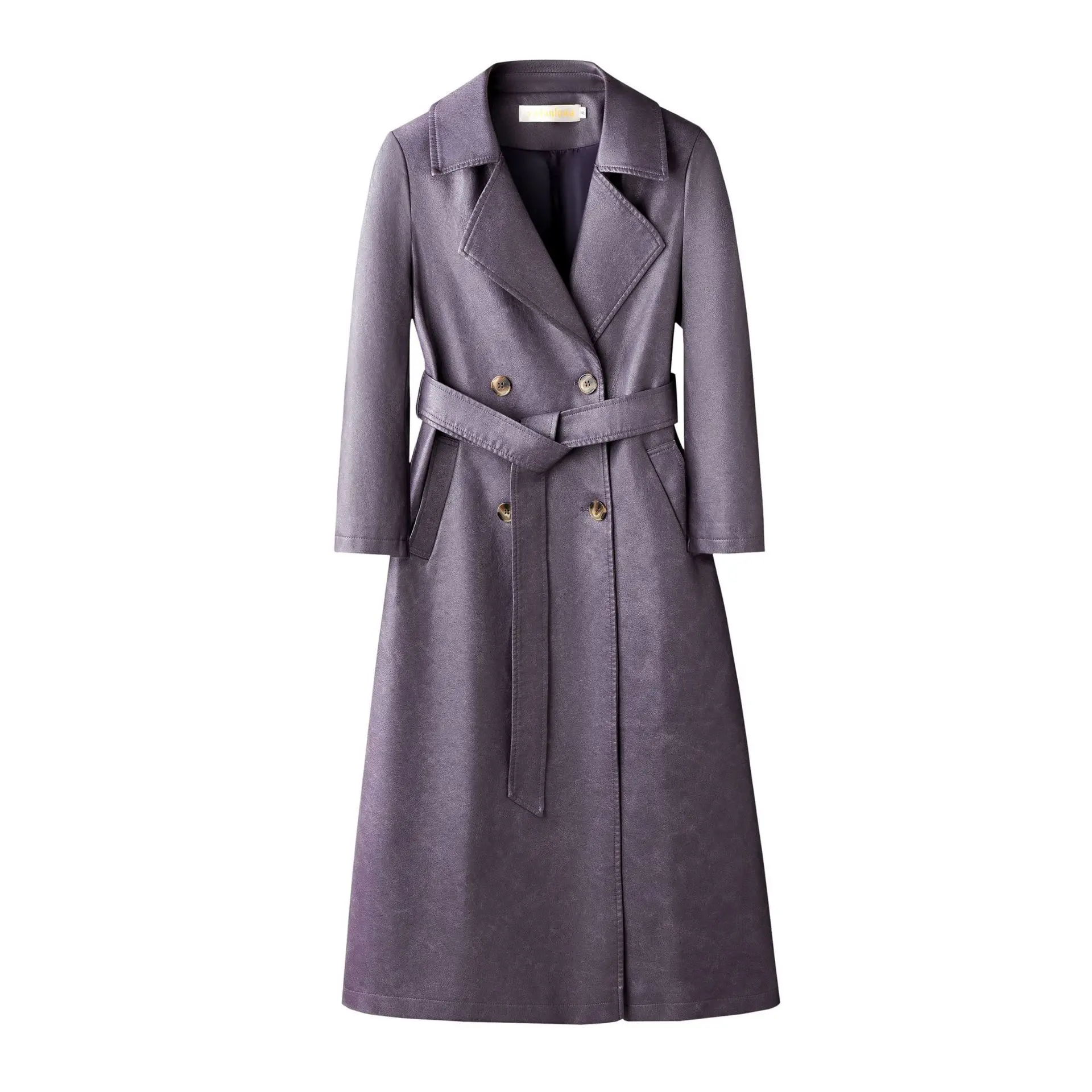 Women's Leather Trench Coat Long Below-the-knee Length Women's Leather Trench Coat Long Below-the-knee Length