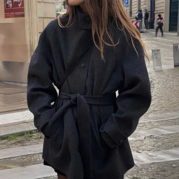 Womens Wool Coat With Belt Mock Neck And Solid Color Womens Wool Coat With Belt Mock Neck And Solid Color